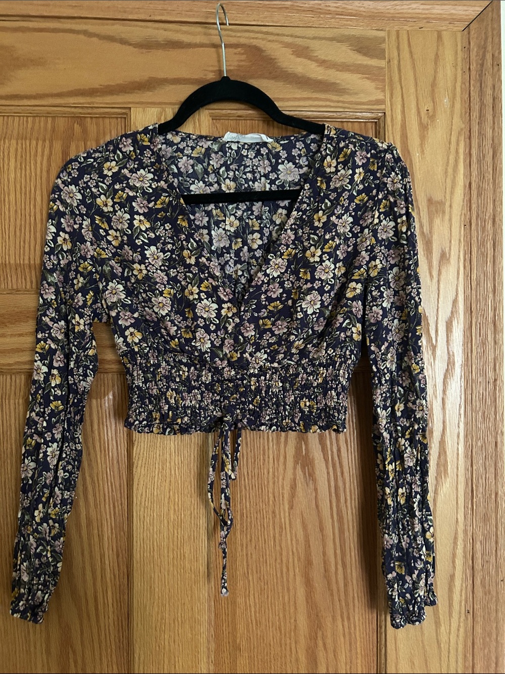 Floral Smocked Waist Long-Sleeve Crop Top - Purple